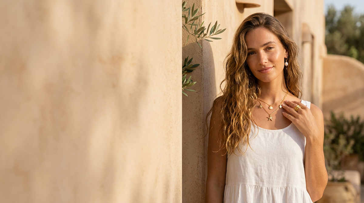 Mujer con collares de oro y aros de perla bajo la luz del sol